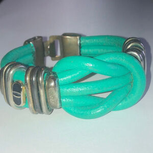 Vintage Teal Leather Chunky Love Knot Enamel Boho Bracelet